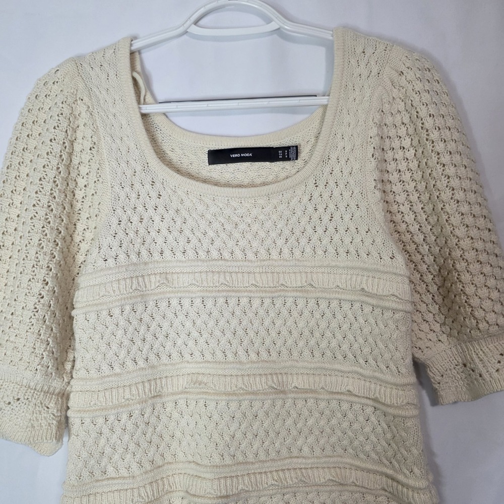 Cream Open Knit Cottagecore Puff Sleeve Sweater Romantic Soft Girl Coastal